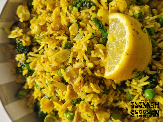 Broccoli, pea and almond biryani