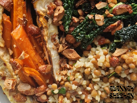 Harvest Bowl with roast root vegetables, kale and bulgur and lentil salad
