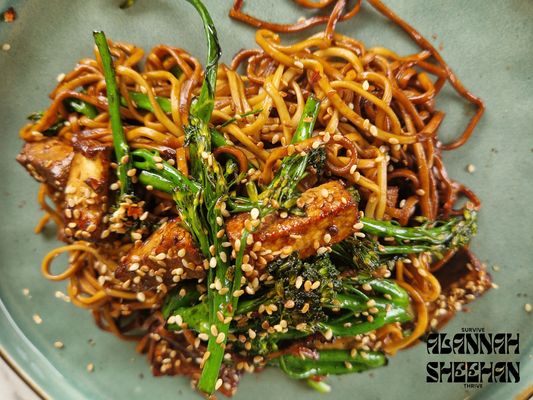 Sticky sesame noodles with smoked tofu and tender stem broccoli