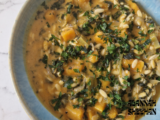 Butternut squash, spinach and orzo stew.