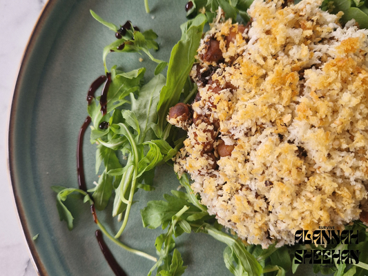 Field mushrooms filled with gochujang beans and topped with sesame panko crumb
