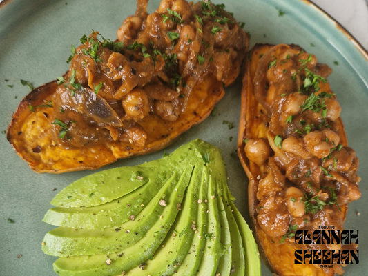 Spiced beans on sweet potato toast with avocado