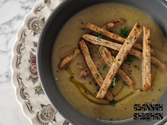 Celery and leek soup with pitta croutons